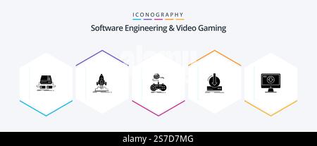 Software Engineering And Video Gaming 25 Glyph icon pack including dlc. addition. startup. online. internet Stock Vector