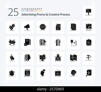Advertising Promo And Creative Process 25 Solid Glyph icon pack including news. gazette. media. target. pencil Stock Vector
