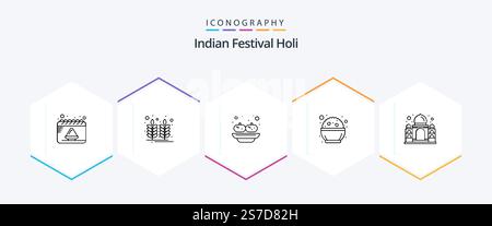Holi 25 Line icon pack including mahal. phirni. food. day. food Stock Vector