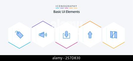 Basic Ui Elements 25 Blue icon pack including navigation. map. arrow. upload. arrows Stock Vector