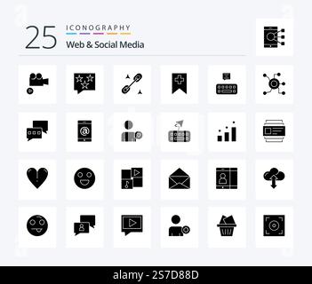 Web And Social Media 25 Solid Glyph icon pack including media. tag . rate . office Stock Vector