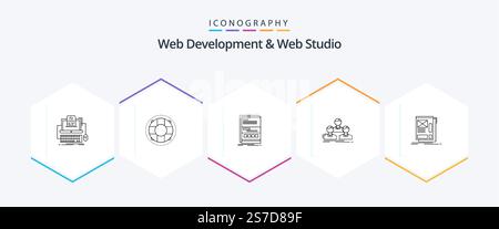 Web Development And Web Studio 25 Line icon pack including group. company. lifesaver. responsive. internet Stock Vector