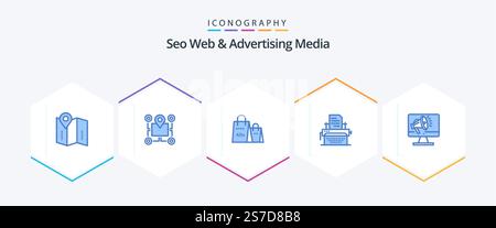 Seo Web And Advertising Media 25 Blue icon pack including typing. shopping. area. shopping ad. bag Stock Vector