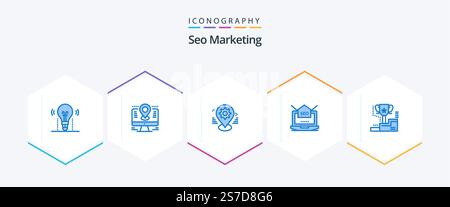Seo Marketing 25 Blue icon pack including setting. seo. lcd. setting. map Stock Vector