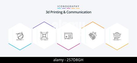 3d Printing And Communication 25 Line icon pack including communication. broadcast. data. software. processing Stock Vector