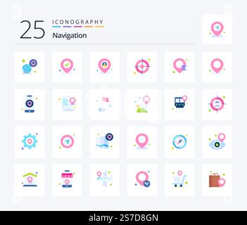 Navigation 25 Flat Color icon pack including location. gps. checked. crosshairs. map Stock Vector