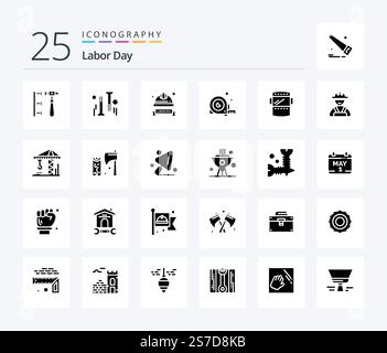 Labor Day 25 Solid Glyph icon pack including angle . hardware. industrial helmet. hard hat Stock Vector