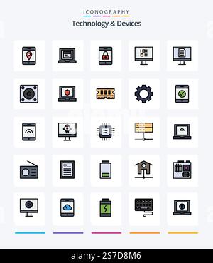 Creative Devices 25 Line FIlled icon pack  Such As hard disk. devices. mobile. office. computer Stock Vector