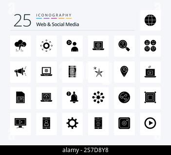 Web And Social Media 25 Solid Glyph icon pack including laptop . arrow . watch. play Stock Vector
