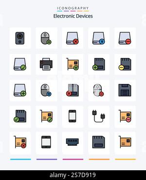 Creative Devices 25 Line FIlled icon pack  Such As devices. computers. gadget. hardware. drive Stock Vector