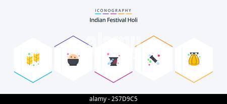 Holi 25 Flat icon pack including . pot. bucket. india. water gun Stock Vector