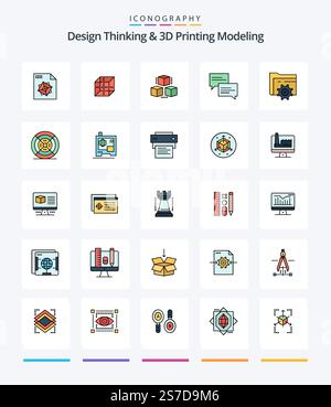 Creative Design Thinking And D Printing Modeling 25 Line FIlled icon pack  Such As printing. film. comment. computing. setting Stock Vector