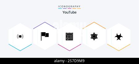 Youtube 25 Glyph icon pack including hazard. ui. basic. setting. basic Stock Vector
