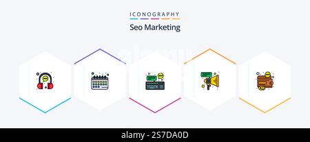 Seo Marketing 25 FilledLine icon pack including business. megaphone. schedule. marketing. keyboard Stock Vector