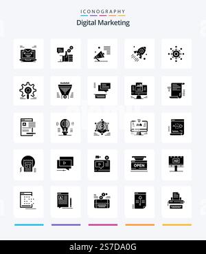Creative Digital Marketing 25 Glyph Solid Black icon pack  Such As business. launch. facebook. promote. megaphone Stock Vector