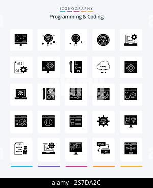 Creative Programming And Coding 25 Glyph Solid Black icon pack  Such As file. develop. programming. programming. develop Stock Vector