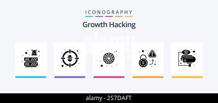 Hacking Glyph 5 Icon Pack Including virus. unlock. protection. secured. web. Creative Icons Design Stock Vector