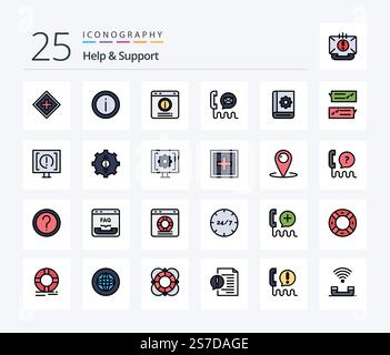 Help And Support 25 Line Filled icon pack including email. communication. sign. support. chat alert Stock Vector