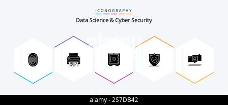 Data Science And Cyber Security 25 Glyph icon pack including confirm. security. delete. locker. shredder Stock Vector