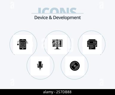 Device And Development Glyph Icon Pack 5 Icon Design. print. signal. mobile . wifi. computer Stock Vector