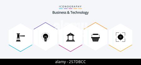 Business and Technology 25 Glyph icon pack including crosshair. trolley. bank. retail. basket Stock Vector