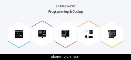 Programming And Coding 25 Glyph icon pack including develop. app. develop. development. computer Stock Vector