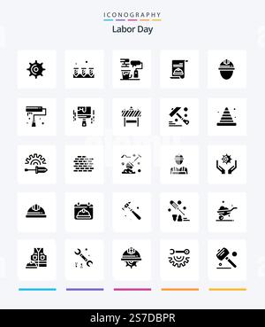 Creative Labor Day 25 Glyph Solid Black icon pack  Such As card.. equipment. brush. roller Stock Vector