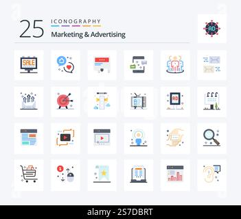 Marketing And Advertising 25 Flat Color icon pack including marketing. connection. marketing. communication. message Stock Vector