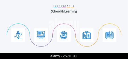 School And Learning Blue 5 Icon Pack Including . graduation. education. book Stock Vector