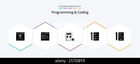 Programming And Coding 25 Glyph icon pack including coding. c. development. page. develop Stock Vector