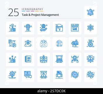 Task And Project Management 25 Blue Color icon pack including internet. chart. hand. lock. folder Stock Vector