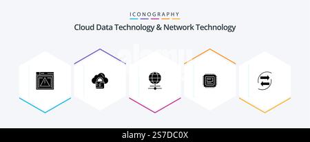 Cloud Data Technology And Network Technology 25 Glyph icon pack including chart. hardware. globe . computer. cpu Stock Vector