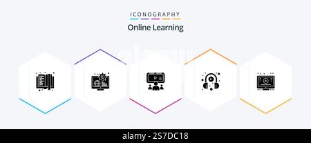 Online Learning 25 Glyph icon pack including learn. learning. learn. headphone. user Stock Vector