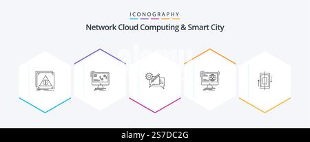 Network Cloud Computing And Smart City 25 Line icon pack including content. message. data. setting. communication Stock Vector