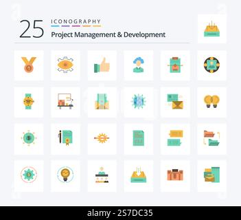 Project Management And Development 25 Flat Color icon pack including like. remarks. creative. appriciate. modern Stock Vector