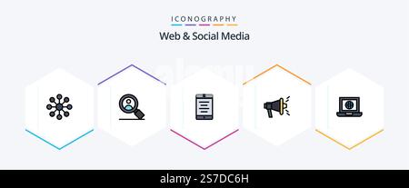 Web And Social Media 25 FilledLine icon pack including . internet. cell. globe. laptop Stock Vector