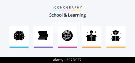 School And Learning Glyph 5 Icon Pack Including . education. world. bookmark. box. Creative Icons Design Stock Vector