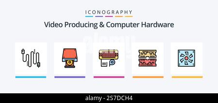 Video Producing And Computer Hardware Line Filled 5 Icon Pack Including book. engineering. mother. custom. network. Creative Icons Design Stock Vector