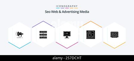 Seo Web And Advertising Media 25 Glyph icon pack including headline. ad. files. newspaper. screen Stock Vector