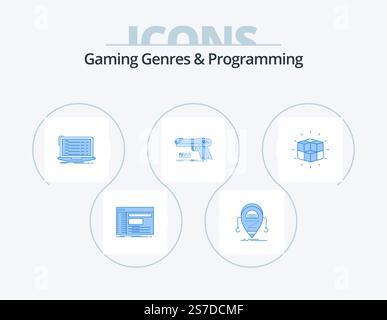 Gaming Genres And Programming Blue Icon Pack 5 Icon Design. handgun. laptop. droid. developer. app Stock Vector