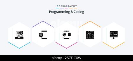 Programming And Coding 25 Glyph icon pack including develop. app. development. process. develop Stock Vector
