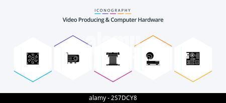 Video Producing And Computer Hardware 25 Glyph icon pack including network. hardware. computer. connection. cpu Stock Vector