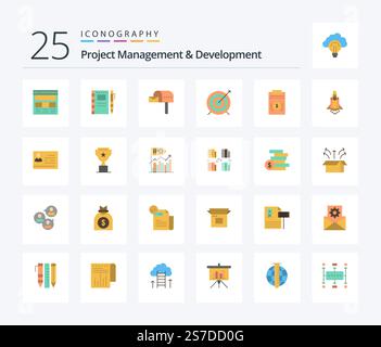 Project Management And Development 25 Flat Color icon pack including focus. dart. pencil. target. mail box Stock Vector