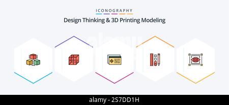 Design Thinking And D Printing Modeling 25 FilledLine icon pack including . eye. pen. sketching. visual Stock Vector
