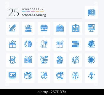 School And Learning 25 Blue Color icon pack including book. education. education. book. book Stock Vector