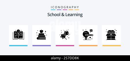 School And Learning Glyph 5 Icon Pack Including . box. lab. education. book. Creative Icons Design Stock Vector