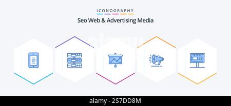 Seo Web And Advertising Media 25 Blue icon pack including announcement. loud speaker. cloud. speaker. graph Stock Vector