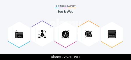 Seo and Web 25 Glyph icon pack including seo. globe lock. address. globe. mail Stock Vector