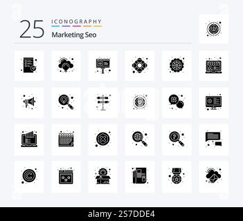Marketing Seo 25 Solid Glyph icon pack including settings. cog wheel. advertisement. support. help Stock Vector