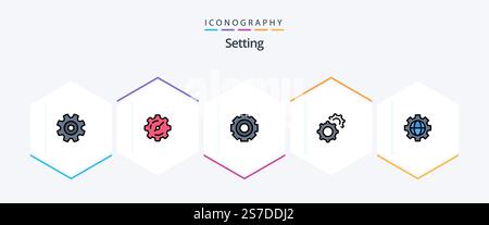 Setting 25 FilledLine icon pack including globe. gear. general. setting. gear Stock Vector